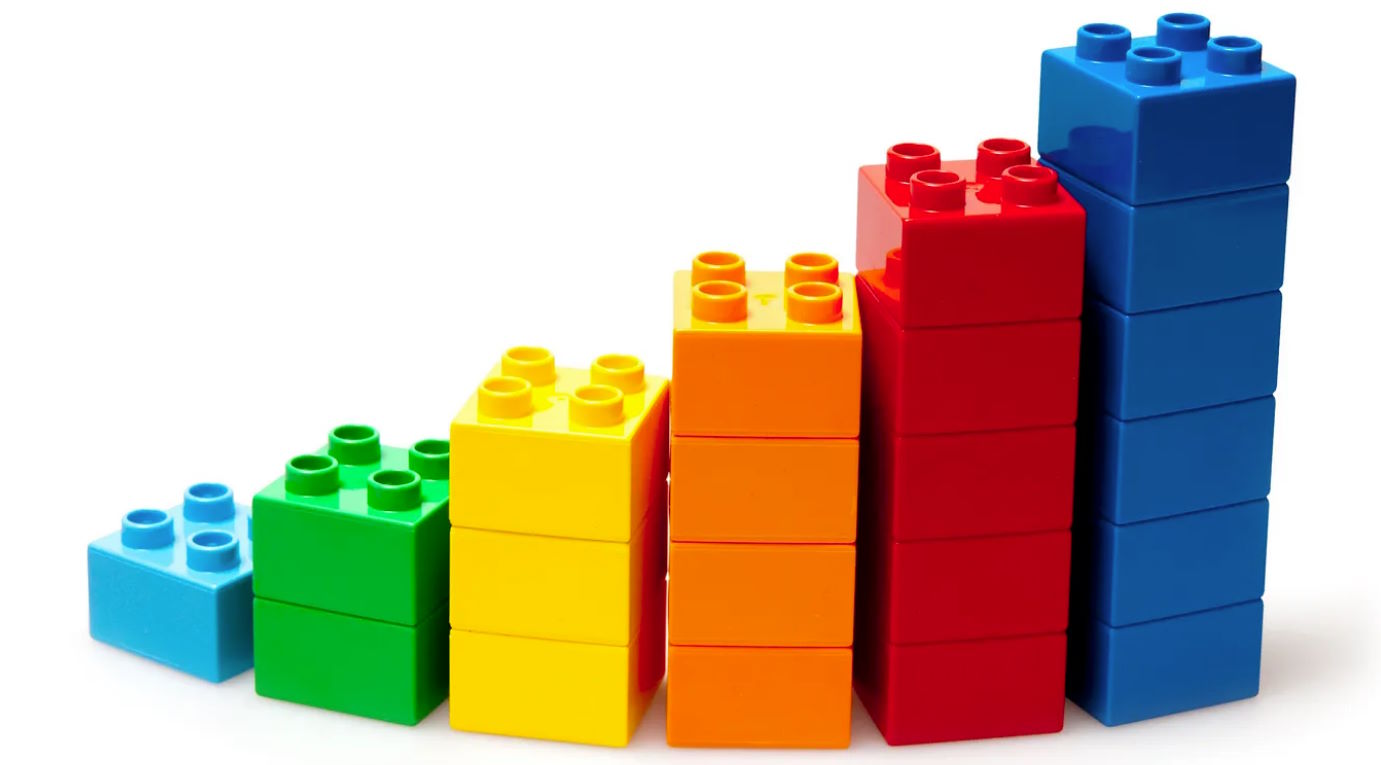 Columns of lego blocks, side by side; columns are different colors and ascending in height